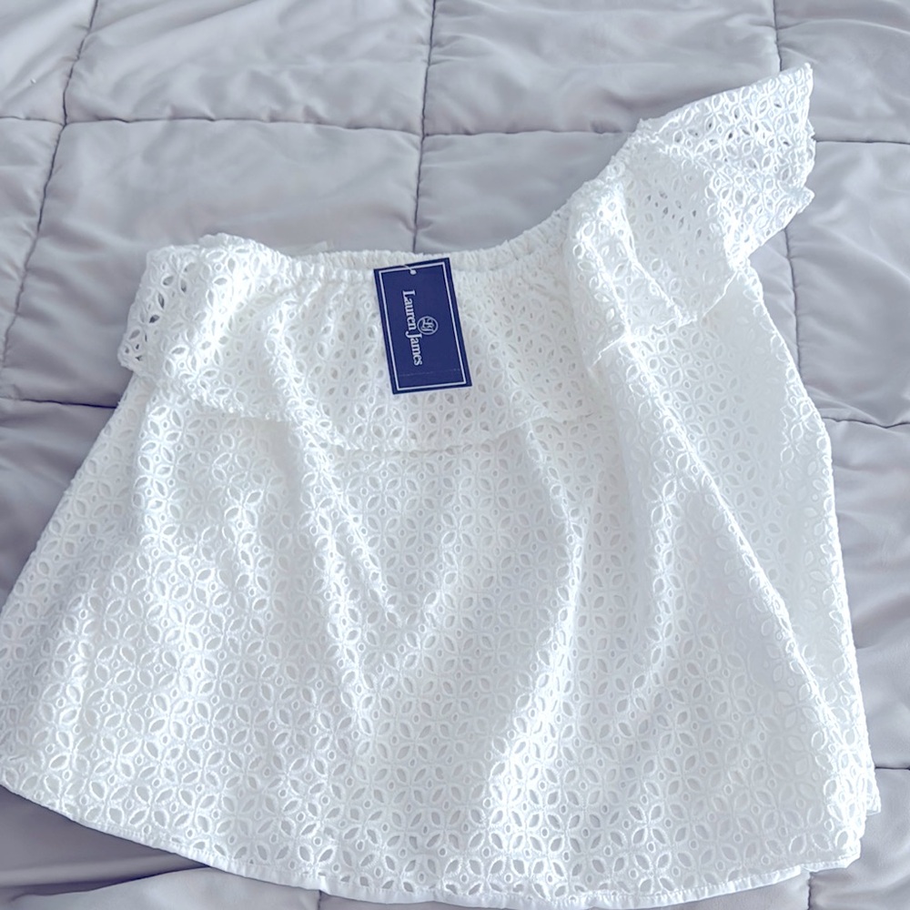 Lauren James Reagan Ruffle White Eyelet One Shoulder Top NWT